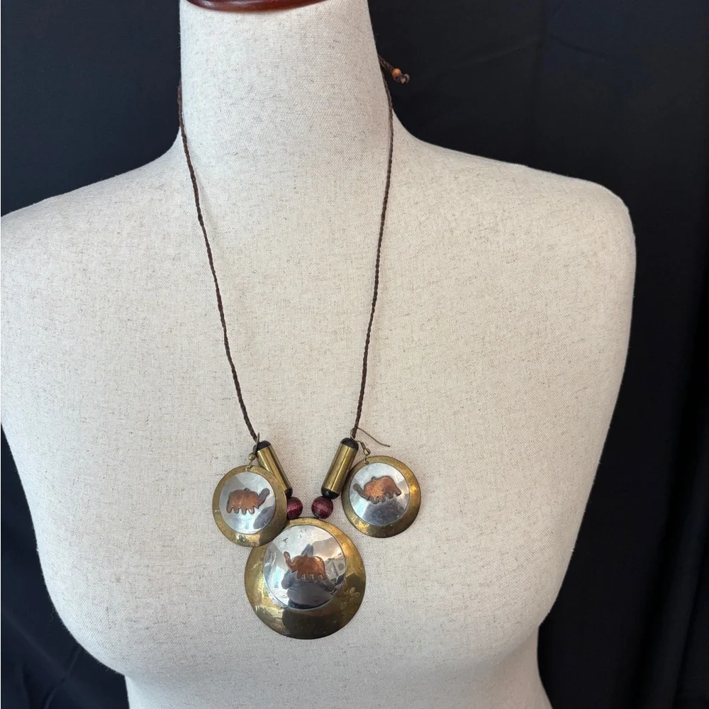 Elephant Themed Necklace & Earrings Vintage 1980s Set Gold and Silver Tone - Picture 1 of 3